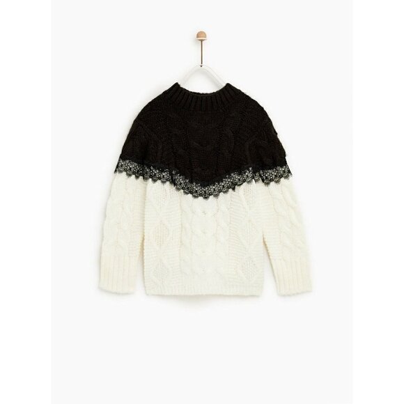 ZARA Lace Cable Knit Sweater Crop Cream Black 11-12 - Picture 1 of 6